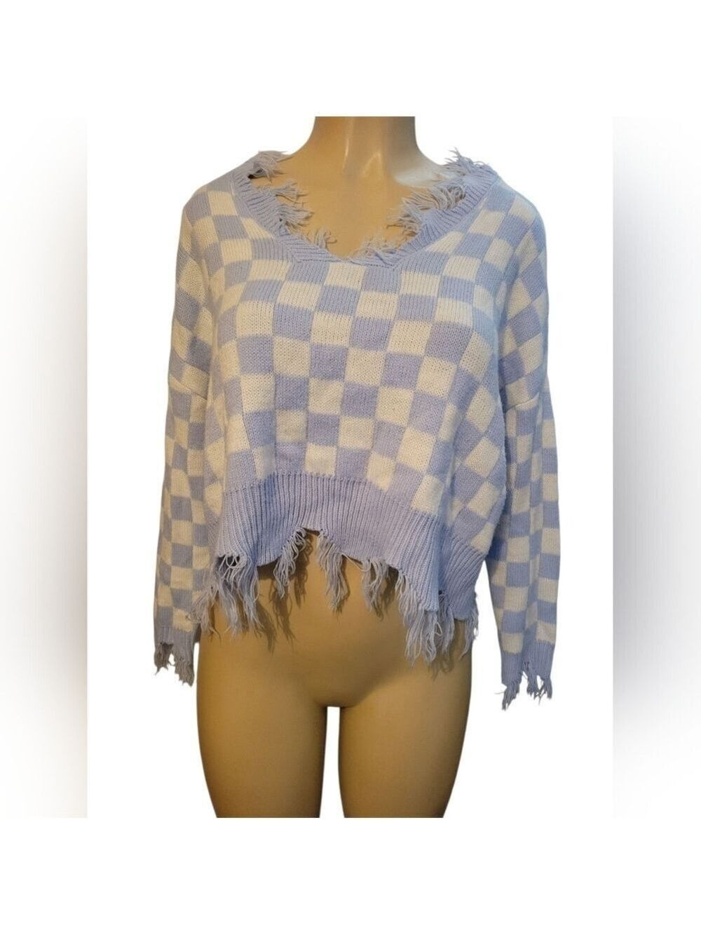 Just Polly Blue and White Checkered Women's Sweater Crop Top Preppy Girly